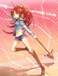  boots bow casual denim denim_shorts hair_bow hoodie long_hair mahou_shoujo_madoka_magica midriff navel pocky polearm ponytail red_eyes red_hair redhead sakura_kyouko shorts solo spear teki_(kakari) weapon 