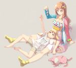  2girls :3 arm_support barefoot blonde_hair breasts brown_eyes brown_hair candy cleavage collarbone dress full_body futaba_anzu grey_background hair_ornament holding idolmaster idolmaster_cinderella_girls jewelry long_hair low_twintails lying moroboshi_kirari multiple_girls necklace on_back outstretched_arm reaching_out shirt shorts sitting sleeves_past_wrists socks star_hair_ornament striped_shorts stuffed_animal stuffed_bunny stuffed_toy t-shirt translation_request twintails u_(kuroinu0107) very_long_hair white_shirt yellow_legwear 