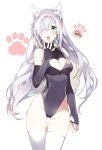  1girl animal_ears bare_shoulders blue_eyes breasts cat_ears character_request cutout detached_sleeves long_hair open_mouth relly simple_background solo thigh-highs thigh_gap very_long_hair white_background white_hair 