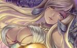  1girl blonde_hair breasts dark_skin dragon_girl dragon_horns egg gold_egg_(p&amp;d) heterochromia horns large_breasts lips long_hair looking_at_viewer open_mouth puzzle_&amp;_dragons realistic shouma_(bravespiritya) solo sonia_gran under_boob 