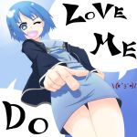  :d blazer blue_eyes blue_hair casual foreshortening from_below hair_ornament hairclip heart heart_in_mouth mahou_shoujo_madoka_magica miki_sayaka open_mouth overalls pointing repunit short_hair smile solo wink 