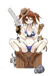  bikini boots breasts brown_eyes brown_hair bullet cat cleavage copyright_request cross-laced_footwear gloves gun hat highres hk33 large_breasts mouth_hold navel revolver s&amp;w_500_magnum side_ponytail solo spread_legs star_print swimsuit trigger_discipline untied weapon wink 