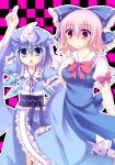  bad_id blue_dress blue_eyes blue_hair bow cirno cosplay costume_switch dress fujisaki_kaon hair_bow hand_on_own_chest hand_to_chest hat multiple_girls open_mouth pink_eyes pink_hair pointing pointing_up saigyouji_yuyuko sash short_hair smile touhou wings 
