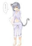  1girl alternate_costume animal_ears barefoot cushion full_body grey_hair hasebe_yuusaku long_sleeves looking_at_viewer midriff mouse_ears mouse_tail navel nazrin open_mouth pajamas pants red_eyes shirt short_hair simple_background solo speech_bubble tail text touhou white_background 