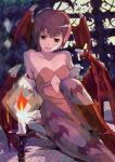 1girl arm_support bare_shoulders bat_print bed brown_eyes candle demon_girl demon_wings fang flat_chest head_wings lilith_aensland low_wings open_mouth pantyhose print_legwear purple_hair smile solo succubus tanaka_noel vampire_(game) wings 