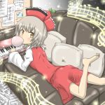  barefoot brown_eyes brown_hair bubblegum couch hat instrument keyboard_(instrument) looking_back lying lyrica_prismriver nobamo_pieruda note on_stomach pillow short_hair skirt solo star touhou 