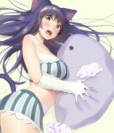  1girl angry animal_ears ayase_totsuki bikini_top blush breasts cat_ears cat_tail character_request elbow_gloves fingerless_gloves gloves highres long_hair midriff open_mouth purple_hair short_shorts shorts solo stuffed_animal stuffed_toy tail toy 