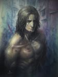  1boy absurdres dated futon_saru hair_down highres katana metal_gear_(series) metal_gear_rising:_revengeance no_beard samuel_rodrigues shirtless signature solo sweat sword weapon 