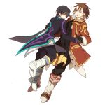  alvin_(tales_of_xillia) black_hair boots brown_eyes brown_hair coat cravat gloves hand_holding heart holding_hands jude_mathis male multiple_boys oga_(bibide) pants surprised tales_of_(series) tales_of_xillia white_background yellow_eyes 