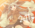  animal_ears blush brown_eyes brown_hair brown_legwear bunny_ears jacket long_hair looking_at_viewer lopunny open_mouth outstretched_arms personification pokemon red_eyes shorts smile solo tachitsu_teto thigh-highs thighhighs 