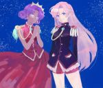  bad_id blue_eyes dark_skin dress earrings ehee epaulettes glasses green_eyes hands_clasped himemiya_anthy interlocked_fingers jewelry multiple_girls pink_hair purple_hair school_uniform short_hair shoujo_kakumei_utena smile tenjou_utena 