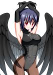  armpits arms_up black_wings blue_hair blush breasts brown_legwear bucchake_(asami) crypt_angel curvy elbow_gloves gloves large_breasts leotard looking_at_viewer magic:_the_gathering magic_the_gathering pantyhose red_eyes short_hair simple_background skin_tight smile solo thighs wings 