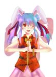  alternate_costume alternate_hairstyle animal_ears bad_id bunny_ears chinese_clothes double_bun fang highres pakapom purple_hair red_eyes reisen_udongein_inaba solo touhou wink 