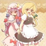  :&lt; apron azuma_takeshi blonde_hair blush braid capelet crescent dress fang finger_to_mouth hair_ribbon hand_holding hat heart heart-shaped_pupils holding_hands kirisame_marisa long_hair multiple_girls open_mouth patchouli_knowledge pink_dress purple_eyes purple_hair ribbon shirt skirt smile star star-shaped_pupils symbol-shaped_pupils touhou violet_eyes yellow_eyes yuri 