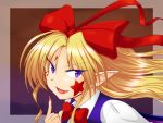  &gt;:) &gt;:d :d blonde_hair bow eitaisa elis_(touhou) face facepaint frame hair_bow long_hair nail_polish open_mouth pointy_ears purple_eyes slit_pupils smile solo touhou touhou_(pc-98) violet_eyes 