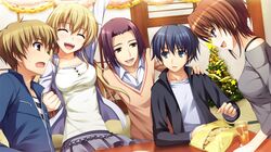  blonde_hair brown_hair character_request food game_cg group koi_de_wa_naku makishima_yumi norifumi_(character) tomose_shunsaku 