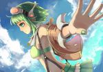  bra breasts goggles goggles_on_head green_eyes green_hair gumi headphones hiiragi_shou lingerie megpoid_(vocaloid3) outstretched_arms short_hair skirt smile solo spread_arms underboob underwear vocaloid 