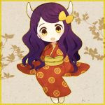  1girl :o ayu_(mog) bow chibi fang hair_bow horns japanese_clothes kimono long_hair obi open_mouth original purple_hair solo tabi yellow_eyes 