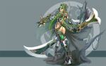  armor_plate ass boots g-string gauntlets gloves green_eyes green_hair green_legwear hair_ornament high_heels huge_weapon jak legs long_hair looking_back original panties shoes side-tie_panties solo sword thigh_boots thighhighs thighs thong tree underwear weapon white_panties 