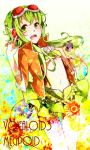  absurdres breasts cleavage goggles goggles_on_head green_eyes green_hair gumi headphones highres jacket megpoid_(vocaloid3) midriff navel nou open_mouth short_hair simple_background skirt smile solo suspenders underboob vocaloid 