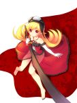  bakemonogatari bare_shoulders barefoot blonde_hair elbow_gloves gloves goggles goggles_on_head helmet katana koflif long_hair monogatari_(series) oshino_shinobu red_eyes solo sword weapon 