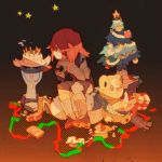  1boy bad_id blue_(pokemon) blue_(pokemon)_(cameo) brown_hair cake christmas christmas_tree delibird doll food game_boy gift gloves highres pokemon pokemon_(creature) pokemon_special red_hair redhead ribbon satobitorotoku silver_(pokemon) sitting sneasel teddiursa toy wailord 