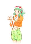  goggles goggles_on_head green_eyes green_hair gumi hands hands_together highres jacket megpoid_(vocaloid3) nail_polish official_art shorts simple_background suspenders under_boob underboob vocaloid yuuki_masami 