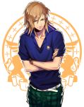  bad_id blue_eyes brown_hair crossed_arms fujiwara jinguuji_ren long_hair male plaid plaid_pants sketch smile solo uta_no_prince-sama 