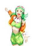  goggles goggles_on_head green_eyes green_hair gumi highres jacket megpoid_(vocaloid3) official_art shorts simple_background smile suspenders under_boob underboob vocaloid yuuki_masami 
