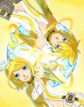  blue_eyes brother_and_sister detached_sleeves highres interlocked_fingers kagamine_len kagamine_rin kirisame. rotational_symmetry short_hair siblings twins vocaloid vocaloid_append 