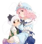  bangs blush bow breasts brown_eyes child fan folding_fan frills ghost hairband hat hitodama holding hug japanese_clothes konpaku_youmu konpaku_youmu_(ghost) light_smile lips long_sleeves multiple_girls nervous pink_eyes pink_hair px8xq saigyouji_yuyuko short_hair short_sleeves simple_background sleeves_past_wrists smile sweatdrop touhou triangular_headpiece veil wide_sleeves 