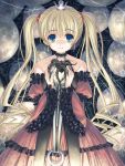  blonde_hair choker crown dress frilled_dress frills gothic_lolita gradient_eyes hair_ornament keg lolita_fashion long_hair looking_at_viewer multicolored_eyes original smile solo spider spider_web twintails very_long_hair 