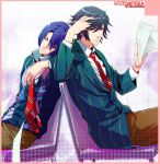  black_hair blue_eyes blue_hair chair closed_eyes eyes_closed hijirikawa_masato ichinose_tokiya kim_jiro male messy_hair multiple_boys necktie paper pen school_uniform sitting sitting_on_object sleeping striped striped_necktie uta_no_prince-sama 