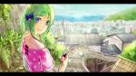  blue_eyes colored_eyelashes digital_media_player from_behind green_hair gumi highres letterboxed looking_back no.734 outdoors scenery short_hair sky smile solo vocaloid 