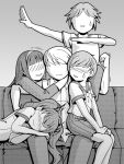  3girls amagi_yukiko arms_around_neck blush couch faceless hairband hanamura_yousuke harem kujikawa_rise lap_pillow long_hair monochrome multiple_boys multiple_girls narukami_yuu no_eyes persona persona_4 pimp posing satonaka_chie short_hair sitting smile sweatdrop t0kiwa twintails 