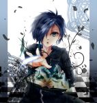  blue_eyes blue_hair book cloak feathers hair_over_one_eye highres kingdom_hearts male soap_(answer) solo zexion 