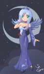  asymmetrical_clothes asymmetrical_clothing bare_shoulders blue_hair breasts choker cleavage cloud crescent crown detached_sleeves dress green_eyes highres human long_hair luna_(my_little_pony) moon my_little_pony my_little_pony_friendship_is_magic open_mouth personification seiryuga shoes sky solo star_(sky) starry_sky tiara wings 
