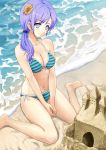  beach bikini blue_door blue_eyes blue_hair blush breasts cleavage flower front-tie_top hair_flower hair_ornament hair_over_shoulder long_hair navel ocean original purple_hair sand sand_castle side-tie_bikini sitting smile solo striped striped_bikini striped_swimsuit swimsuit v_arms wariza water 