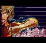  blonde_hair blue_eyes bruce_lee&#039;s_jumpsuit bruce_lee's_jumpsuit degarashi electricity glowing_eyes huang_baoling letterboxed short_hair sleeves_rolled_up solo tiger_&amp;_bunny 