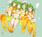  4girls asakura bad_id boots breasts goggles goggles_on_head green_eyes green_hair gumi jacket megpoid_(vocaloid3) midriff multiple_girls multiple_persona navel short_hair sitting skirt smile suspenders thigh-highs thigh_boots thighhighs underboob vocaloid zettai_ryouiki 