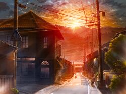  architecture building cloud crosswalk dog house kashi_takahisa lens_flare motor_vehicle mountain original power_lines road road_sign scenery scooter shade shadow sign sky street sun sunbeam sunlight sunset telephone_pole tile_roof traffic_mirror tree vehicle 