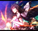  bad_id black_hair black_wings bow brown_hair bust cape energy_ball hair_bow highres letterboxed long_hair mizuki_(ekakichan) nuclear radiation_symbol red_eyes reiuji_utsuho shirt skirt solo third_eye touhou wings 