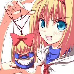  alice_margatroid apron aqua_eyes arm_up ascot blonde_hair blue_dress blue_eyes blush bow dress hair_bow hairband long_hair md5_mismatch nirap open_mouth shanghai_doll shirt short_hair smile solo string string_play_spider_baby touhou 