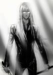  bishop bishop_(general) dogs:_bullets_&amp;_carnage glasses grin highres long_hair male monochrome nadzomi_viro opaque_glasses popped_collar smile solo sunbeam sunlight 