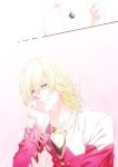  barnaby_brooks_jr blonde_hair glasses green_eyes hasiba_kousuke jacket jewelry male necklace pin red_jacket solo tiger_&amp;_bunny 