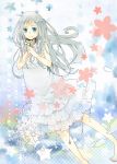  barefoot blue_eyes dress flower honma_meiko long_hair ribbon silver_hair sleeveless sleeveless_dress smile solo wasshige 