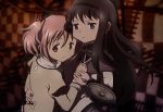  akemi_homura anime_coloring bagoflimbs black_hair bow hair_bow hairband hand_on_another's_chest hornhell hug kaname_madoka long_hair looking_back magical_girl mahou_shoujo_madoka_magica multiple_girls official_style pink_eyes pink_hair purple_eyes school_uniform shield short_hair short_twintails soul_gem twintails violet_eyes 