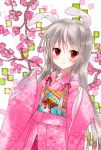  blush bunny_ears floral_print japanese_clothes kimono long_hair original red_eyes silver_hair solo yuuki_rika 