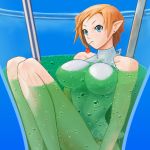  breasts brown_hair cherry demon_girl disgaea drink large_breasts leotard magic_knight_(disgaea) martini pointy_ears short_hair solo submerged tamazen 