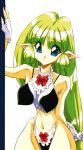  character_request fingerless_gloves gloves green_hair highres hips kurokami_captured long_hair mita_ryuusuke navel pointy_ears simple_background solo wide_hips 